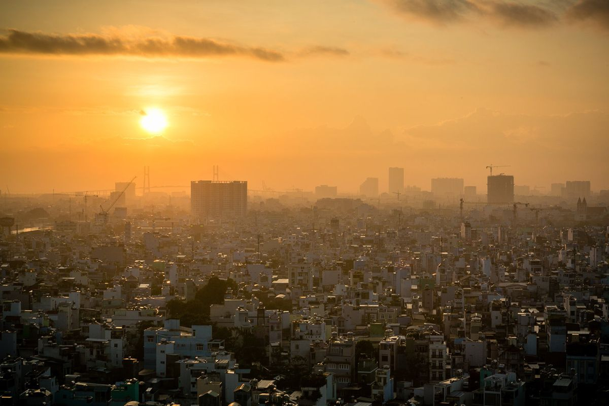 Beautiful sunset with clear skies during dry season in Ho Chi Minh City